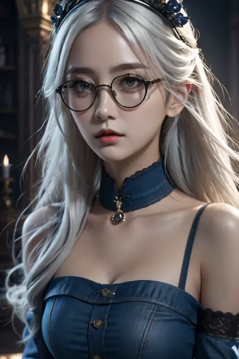 (in the darkness: 1.6),Surrealist female portrait, fantasy art, photorealism, dynamic lighting, art station, poster, Volumetric lighting, Very detailed faces, 4K, won,, 1 girl, in the darkness, deep shadow, low profile, Denim lens set: 1.4), long hair, whi...