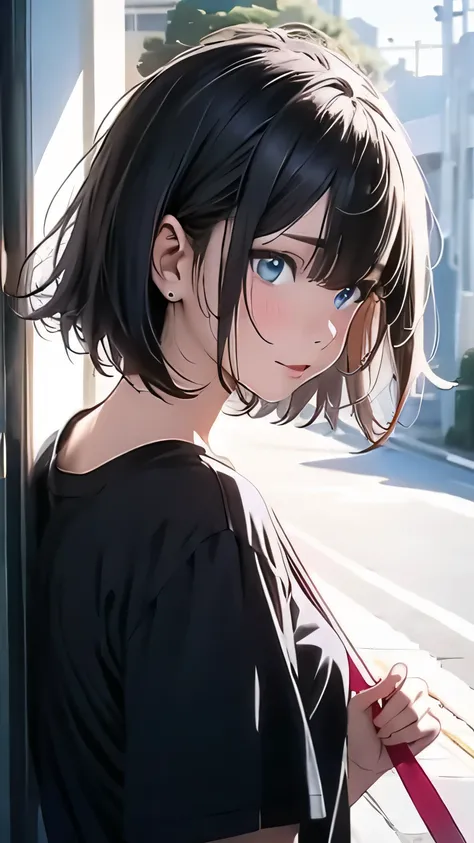 animeスタイル, film portrait photography, ((open your arms)), woman, blue eyes, black hair, short bob hair, wearing a black t-shirt,...