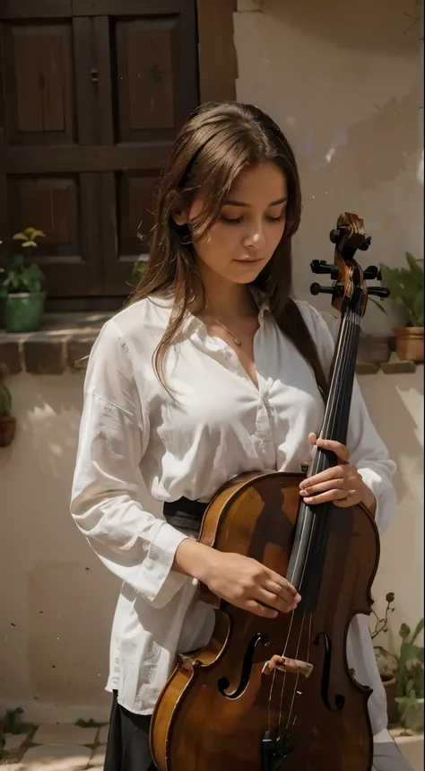 obra maestra, Mejor calidad, ultra detallado, 1 chica tocando el cello en una casa campestre, dramatic lights, sombras intensas en su rostro. luz de las 3 de la tarde, luz en 45 grados.