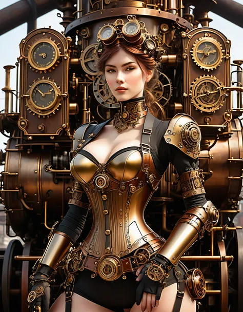 A mechanical marvel with gears and gadgets adorning her form, set against a backdrop of steam-powered machinery and industrial landscapes. Rendered in the style of steampunk art, her form is intricate and detailed, with brass accents and leather straps tha...