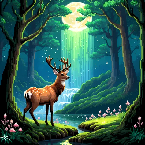 cute pixel art illustration, masterpiece in maximum 16k resolution, superb quality, imagine an enchanting forest under a starlit...