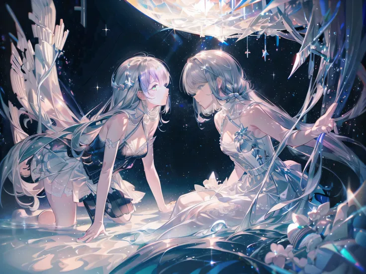 masterpiece，super high quality，holy，fair，Romantic，I can&#39;t imagine how fair this is，two girls，stand，Black and white lace skirt，starlight，silver，Stellar debris，shining stars，Sense of collapse，light and shadow，aesthetic，dreamlike scene，world