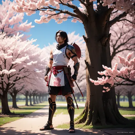 a lone warrior standing under a Sakura tree 