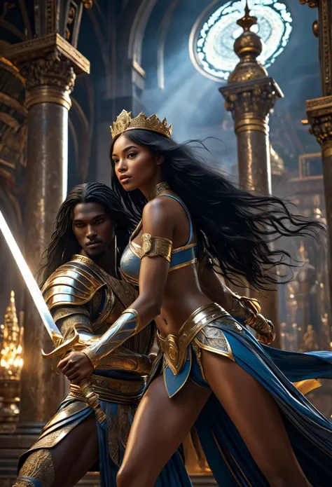 Novel in futurist kingdom of Kongo, a beautiful young darkskin couple with (((a long black hair young queen))) with (((a young king with long black hair))), fighting with energetic swords and lances, (((very beautiful))), perfect faces, whole body, romanti...