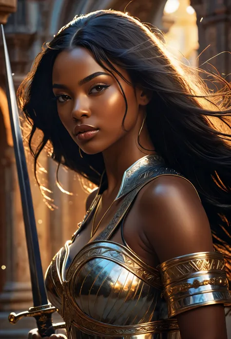 Novel in futurist kingdom of Ashanti, a beautiful young darkskin couple with (((a long black hair young queen))) with (((a young king with long black hair))), fighting with energetic swords and lances, (((very beautiful))), perfect faces, whole body, roman...