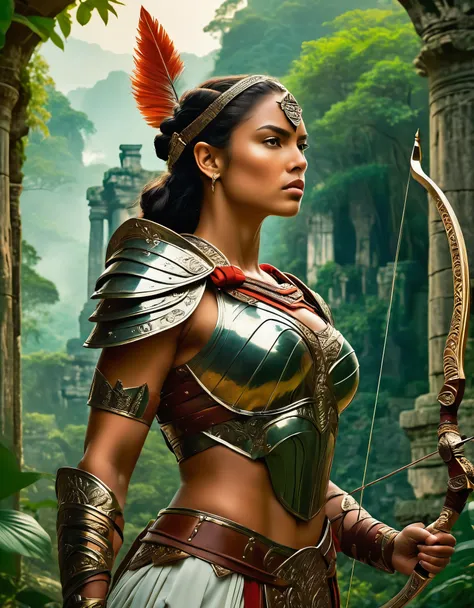 A fierce warrior queen with a steely gaze and a bow slung over her shoulder, set against a backdrop of lush jungles and ancient ruins. Inspired by Classical art, her form is muscular and powerful, with flowing drapery and intricate armor that evoke the gra...