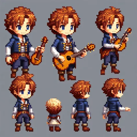 pixel art,pixel art,create an original character design sheet,main character of the game,boy,juvenile,natural perm,,musical inst...