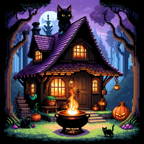 cute pixel art illustration, masterpiece in maximum 16k resolution, superb quality, envision a charming pixel art witch's cottag...