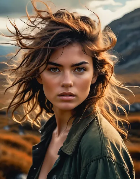 A wild and untamed beauty with windswept hair and feral eyes, set against a backdrop of untamed wilderness and rugged landscapes. Rendered in the style of Romanticism, her form is dynamic and expressive, with bold brushstrokes and dramatic lighting that ca...