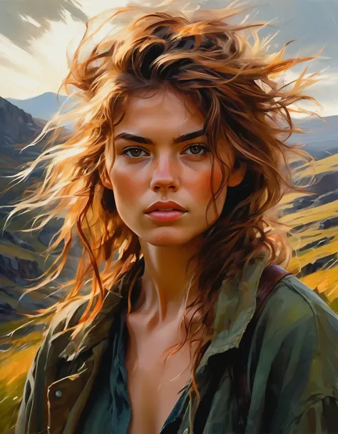 A wild and untamed beauty with windswept hair and feral eyes, set against a backdrop of untamed wilderness and rugged landscapes. Rendered in the style of Romanticism, her form is dynamic and expressive, with bold brushstrokes and dramatic lighting that ca...