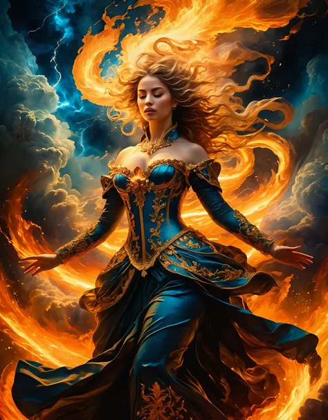 A divine figure with swirling storms and raging fires at her command, set against a backdrop of elemental chaos and cosmic energy. Inspired by Baroque art, her form is grand and majestic, with sweeping gestures and dynamic composition that evoke the power ...