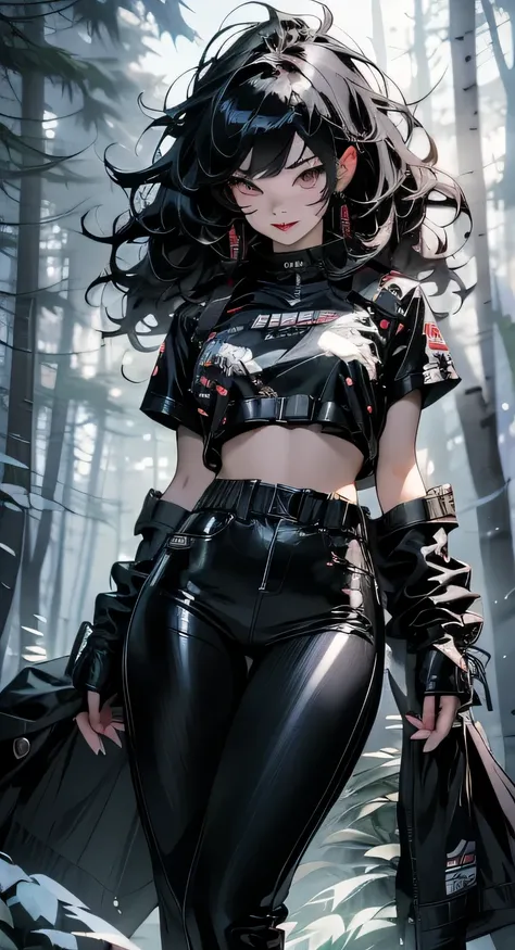 a close up of a woman in a black outfit in a forest, jet black haired cyberpunk girl, extremely detailed artgerm, rossdraws 2. 5, artgerm and rossdraws, style artgerm, rossdraws 2. 0, rossdraws 1. 0, alena aenami and artgerm, artgerm style, inspired by ros...