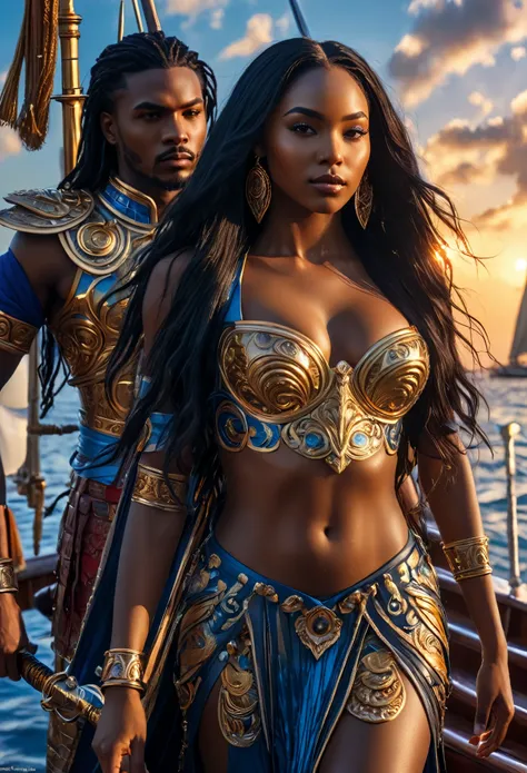 novel in futurist kingdom of ashanti, on a boat, a man and a woman, a beautiful young darkskin couple with (((a long black hair ...