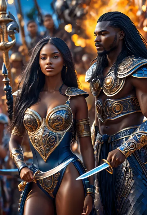 Novel in futurist kingdom of Africa, battershield, on a war ship, a man and a woman, a beautiful young darkskin couple with (((a long black hair young queen))) with (((a young imperial king with long black hair))), fighting with luminous swords and lances,...