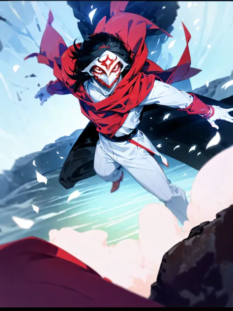 1male, black hair, white mask, red super suit, white gloves, floating rocks, shrine, standing on path