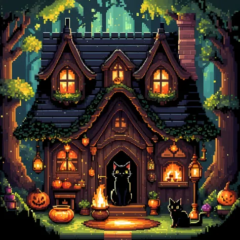 cute pixel art illustration, masterpiece in maximum 16k resolution, superb quality, envision a charming pixel art witch's cottag...