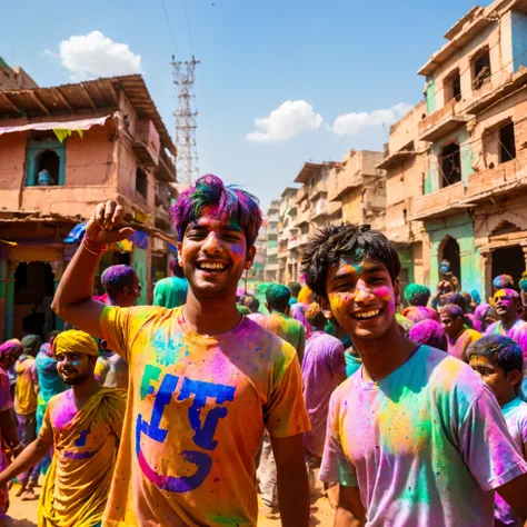 highly detailed and realistic 3D image depicting a 20-year-old boy joyfully celebrating the Holi with Lord Krishna in the vibrant setting of Mathura Vrindavan. The boy is wearing a T-shirt on which "KARAN" name is written, their faces are visible, the word...