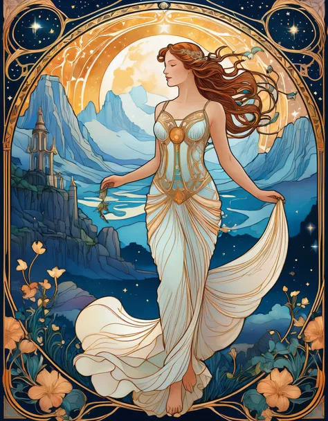 A legendary beauty with tales of adventure written in the stars, set against a backdrop of ancient mythology and epic landscapes. Rendered in the style of Art Nouveau, her form is graceful and ethereal, with flowing lines and intricate details that evoke t...