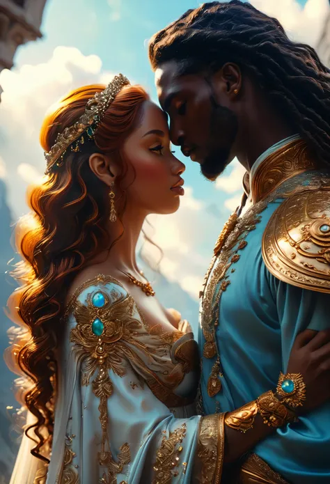 novel in a celestial landscape, (((darkskinned))) loving couple in their 20s, a (dark-haired imperial duke) loves (((a pregnant ...