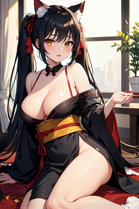 masterpiece, High resolution, highest quality, NSFW, love hotel,, 2 girls, (Black yukata, big breasts, Cat ear, red eyes, black hair, ponytail), (White Yukata, big breasts, Cat ear, yellow eyes, gray hair, twin tails)