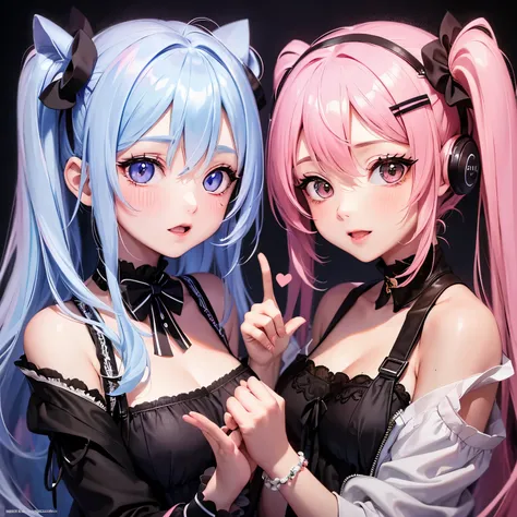 striped hair,pink twintail hair, Hello,  mole under eye, mole under mouth, heart shaped eyes, long eyelashes, pink eyes, heart shaped choker、Full body Esbian、look at the audience、shy, blush, teeth, ear blush, nose blush,anime style, color field paint, ray ...