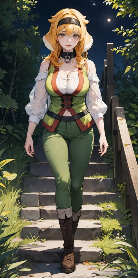 masterpiece, best quality, roxanne, dog ears, black hairband, collar, off-shoulder shirt, cleavage, green vest, green pants, lar...