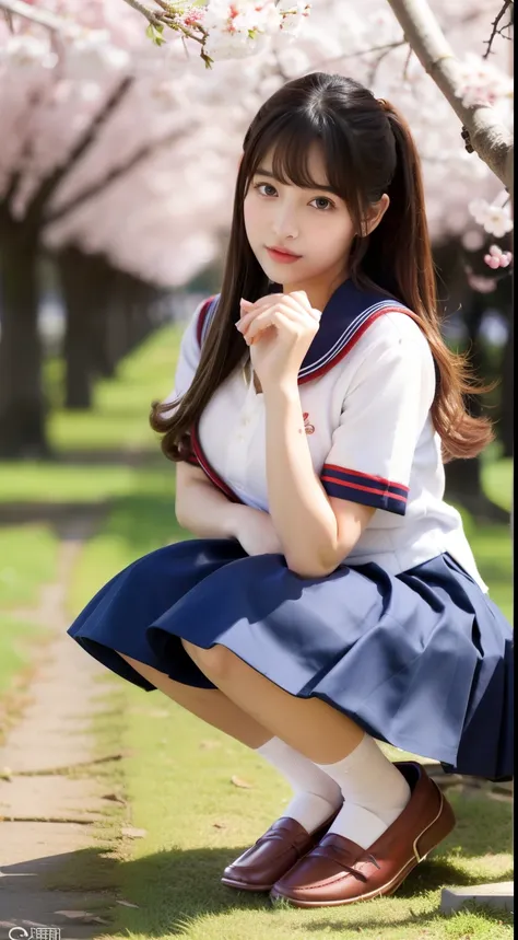 ulzzang-6500-v1.1,(Masterpiece, BestQuality, real photo:1.3), Super detailed, finely, High resolution, 8k wallpaper, perfect dynamic composition, 18 year old girl、 (Super beautiful,deeply squatting:1.5), (mini skirt, fullbody、thin leg、loafers:1.4)、Japanese...