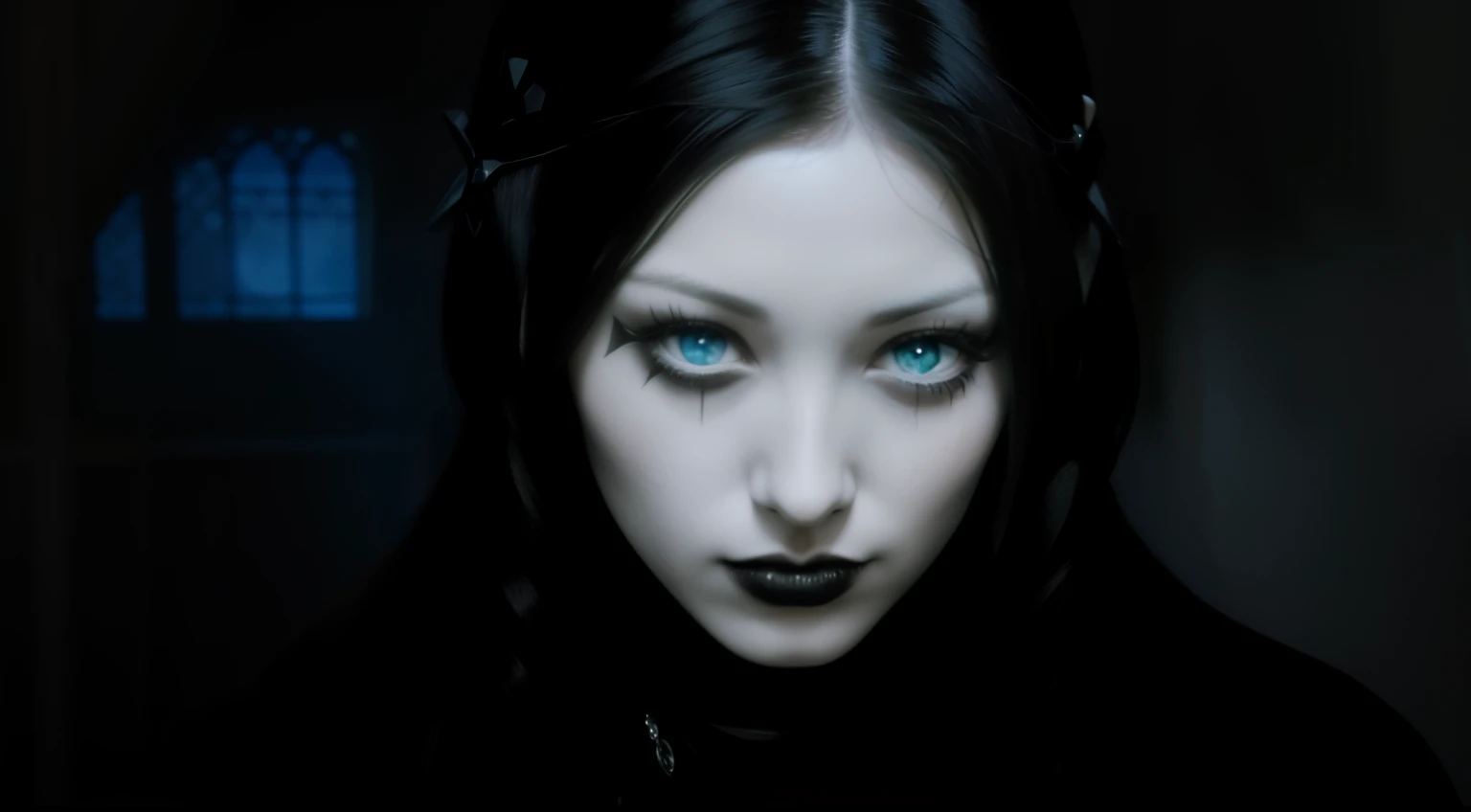 Girl with long black hair, Gothic Make Up sowie Gothic Klamotten. Soll wie Horrorspiel gestaltet sein mit einer PlayStation 2 Grafik