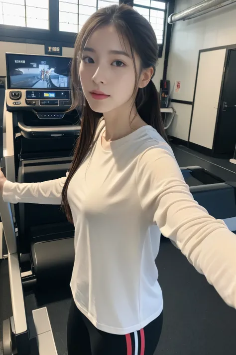 (best quality,8K,RAW,highres,masterpiece:1.2),(realistic,photorealistic,photo-realistic:1.37),jk selfie,cute,natural and realistic clothing run at  treadmills