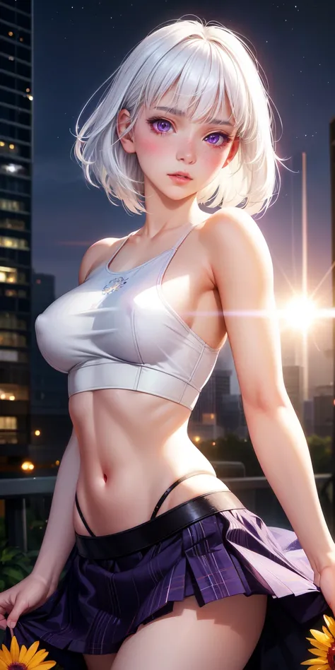 realistic, 1 girl, white hair, purple eyes, glowing eyes, crop top, skirt, Chapped lips, Blush, nighttime, flower, sun, sunlight,naked