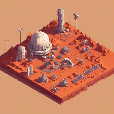 pixel art : Mars base, dusty red landscape, Future technology low poly building, Rough terrain, Solar panels, oxygen dome, Rocket launch pad, orange tint.