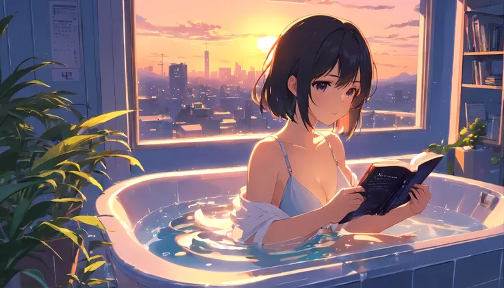 anime girl wearing White headphoness, wearing a swimsuit, reading a book, black hair, 29-year-old, take a bath, in the bathroom, exposed cleavage, Big breasts H cup, emphasize cleavage, Emphasize heavily, expose one&#39;s skin, lofi girl anime atmosphere, ...