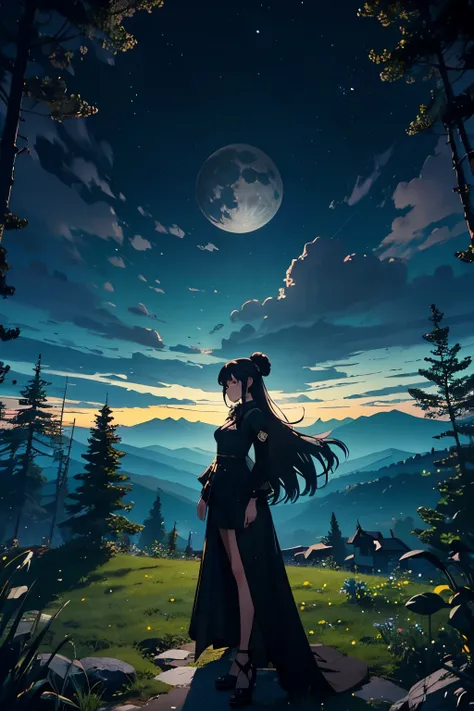  Digital painting of an anime girl, attired in an elegant black dress, stationed at the edge of a towering mountain, casting an alluring gaze into the lunar sphere radiating a radiant hue of blue light across the anime landscape, her silhouette encompassed...