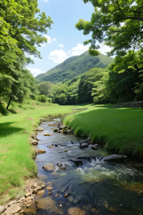 rural scenery、Mountain、stream、Japan、summer sunshine、blue sky、photo quality、genuine