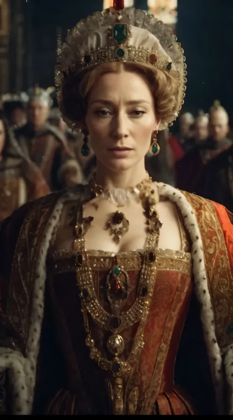 a close up of a woman in a dress and tiable with a crowd behind her, wearing gilded red royal robes, wearing a noblewomans outfit, wearing elegant tudor clothes, cate blanchett as medieval queen, 1 7 th century duchess, wearing a tudor style dress, as an e...