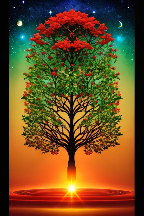 two majestic trees stand before you, their branches reaching up towards the cosmos. the tree of knowledge of good and evil, with...