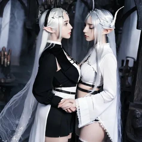 2girl ,black clothes,white clothes, black hair, white hair, dark elf