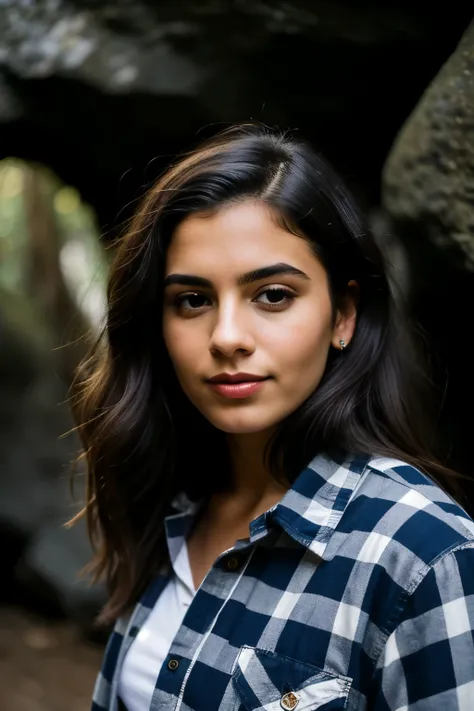 fotografia de um homem, (disturbed facial expression), pele texturizada, arrepio, cabelo loiro afro, plaid flannel shirt with boyfriend jeans, tiro de vaqueiro, dark and mysterious cave with unique rock formations and hidden wonders, olhos perfeitos, (luz ...