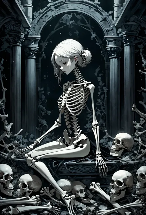 (best quality,4k,8k,highres,masterpiece:1.2), ultra-detailed, (realistic,photorealistic,photo-realistic:1.37), stacks of (bones:2) creating a terrifying fantasy backdrop, framed composition, featuring a girl looking directly at the camera while turning her...