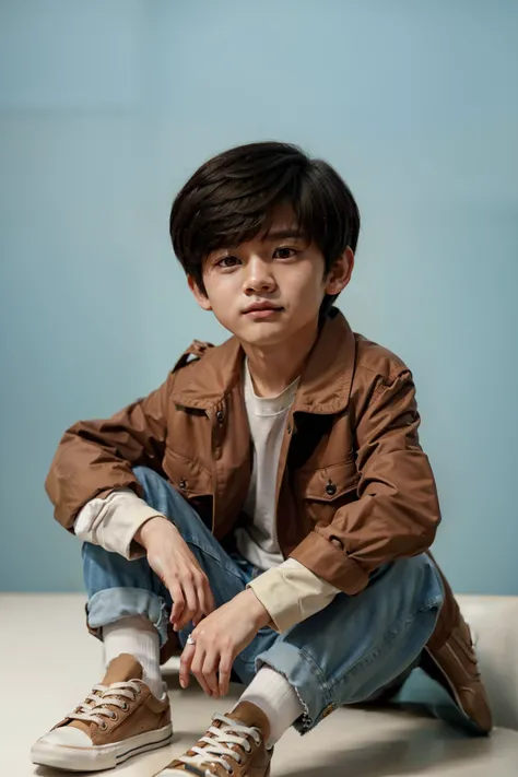 a close up of a young boy sitting on a table with a pair of sneakers, jinyoung shin, jaeyeon nam, yanjun chengt, hyung tae, gorgeous young model, taejune kim, boy has short black hair, kim doyoung, wonbin lee, young wan angel, yan, young boy, profile pic, ...