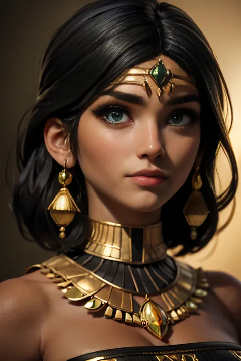 hyper realistic portrait shot of a beautiful egyptian queen, looking down proudly on the camera with her expressive green eyes, ...