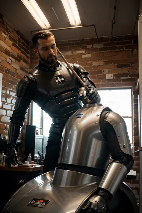 man cleaning big modern robot; in barber shop style room; view from distance