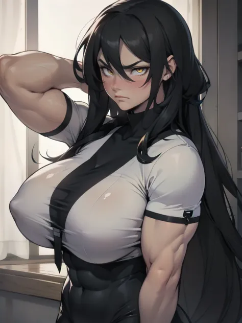 girl muscles huge breasts pale skin very long hair black hair yellow eyes sad blushing solo frown very long hair