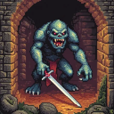 Medieval dungeon crawler retro computer game cover art, monster emerging from the dark, put on label "sword"