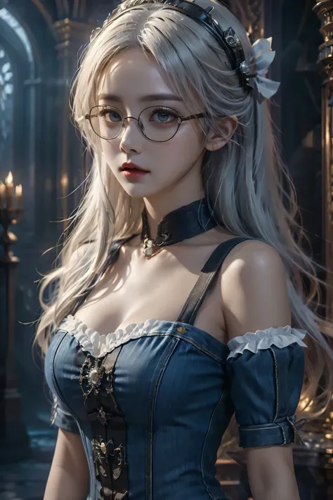 (in the darkness: 1.6),Surrealism, fantasy art, photorealism, dynamic lighting, art station, poster, Volumetric lighting, Very detailed faces, 4K, 1 girl, in the darkness, deep shadow, low profile, Denim maid outfit, long hair, white hair, broken into piec...