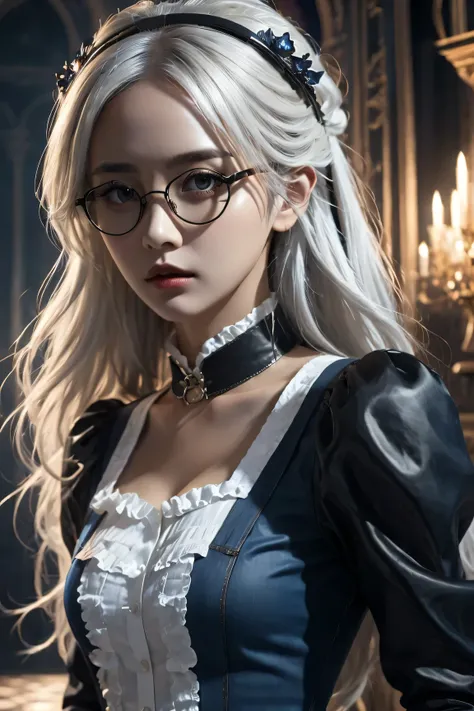 (in the darkness: 1.6),Surrealism, fantasy art, photorealism, dynamic lighting, art station, poster, Volumetric lighting, Very detailed faces, 4K, 1 girl, in the darkness, deep shadow, low profile, Denim maid outfit, long hair, white hair, broken into piec...
