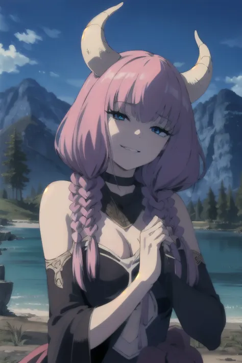 solo,grin,
theguillotineaura,1girl,
multiple braids,demon horns,
bare shoulders,
nature,sunshine,midday,mountain,sky,lake, break...