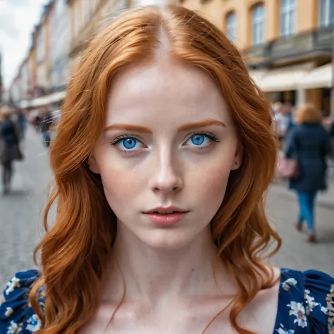 Street photography photo of a young cute redhead woman with blue eyes, detailed beautiful face, in einem engen Kleid, She is walking on a busy street, wie auf einem Laufsteg, Large , detailliert und kompliziert, filmische Beleuchtung, Ultra detailliert, sc...