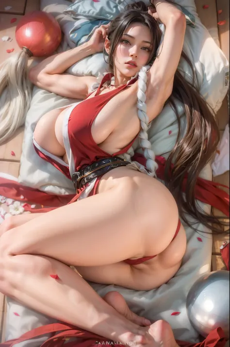 anime girl in red and white outfit laying on a bed, mai shiranui, yoko matsugane as mai shiranui, seductive tifa lockhart portrait, [ 4 k digital art ]!!, tifa, tifa lockhart, pixiv 3dcg, seductive anime girl, akali, top rated on pixiv, at pixiv