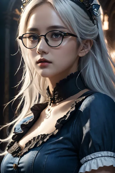 (in the darkness: 1.6),Surrealism, fantasy art, photorealism, dynamic lighting, art station, poster, Volumetric lighting, Very detailed faces, 4K, 1 girl, in the darkness, deep shadow, low profile, Denim maid outfit, long hair, white hair, broken into piec...